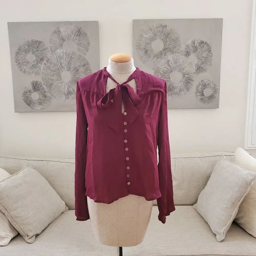 Halogen Tie Neck Button Down Long Sleeve Blouse